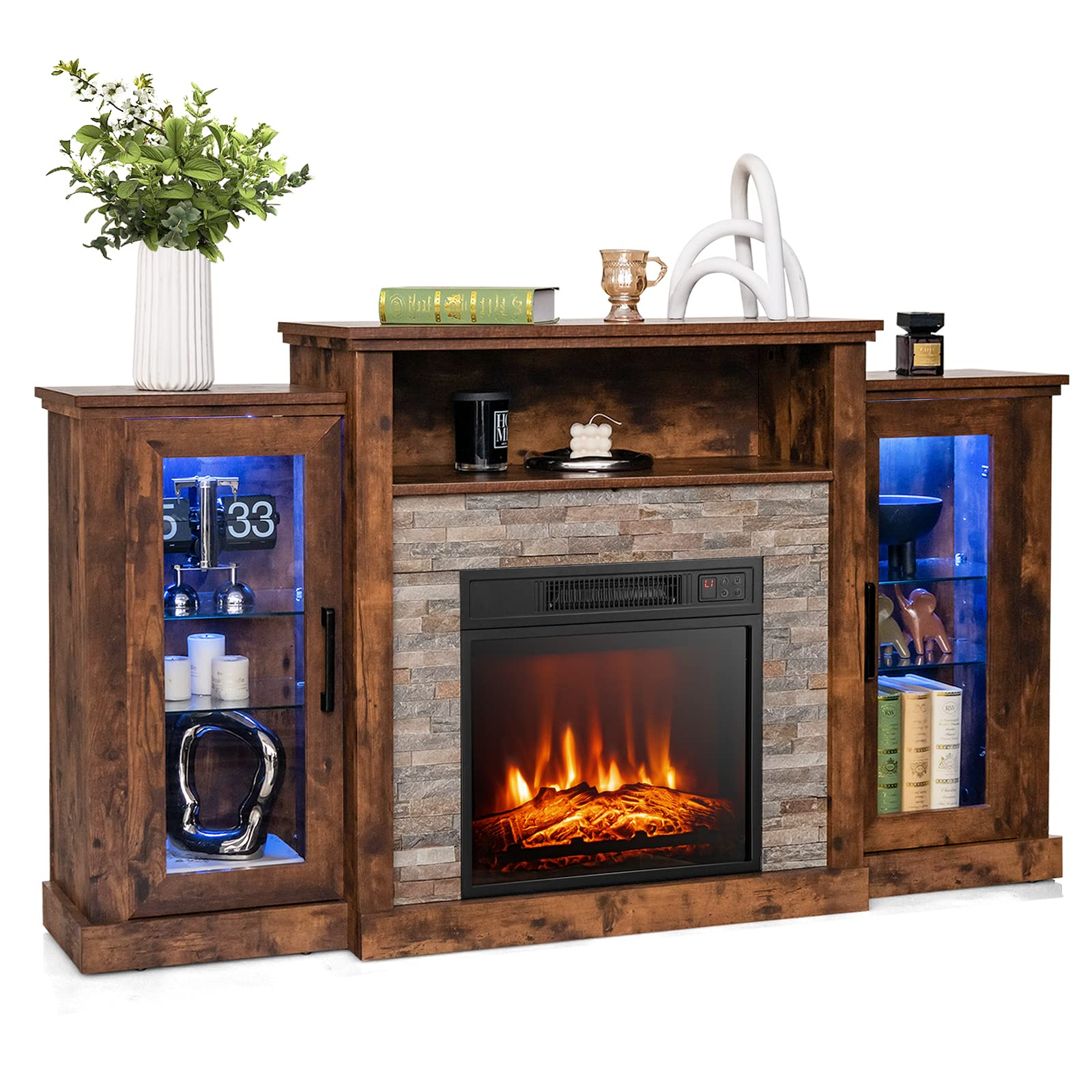 Tangkula Electric Fireplace TV Stand, Electric Fireplace Mantel with 16-Color Led Lights